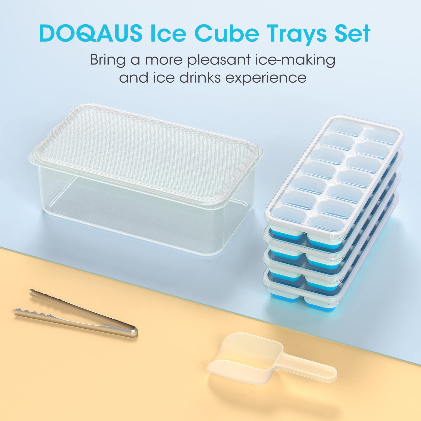 DOQAUS Ice Cube Tray with Lid and Bin, 4 Pack Silicone Plastic Iced Cubes Trays for Freezer with Box/Container, Stackable with Storage Ices Bucket, Tong, Scoop, for Baby Food, Cocktail, Coffee