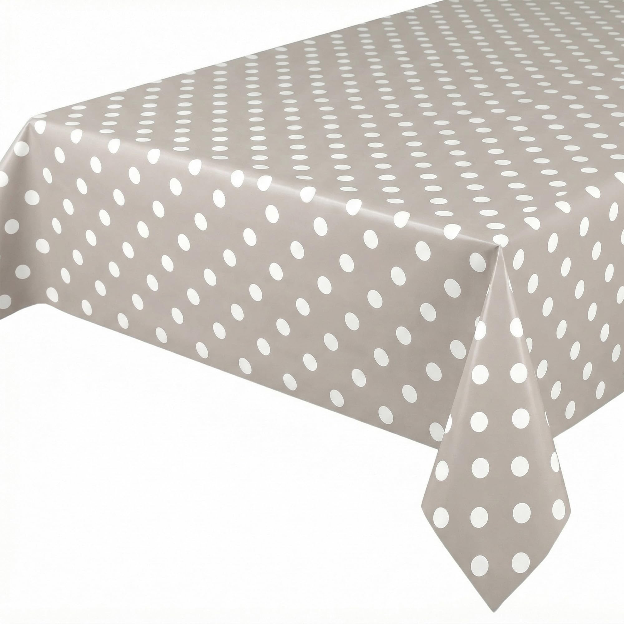 Taupe, Dots White Oilcloth Tablecloth, Smooth, Wipe-Clean, Garden Tablecloth, Round, Oval, Square, Choice of Sizes (Round 140 cm)