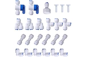 JBT 1/4" OD Quick Connect Push in to Connect Water Tube Fitting (Ball Valve + T + L + I + Y + Faucet connection + end caps, 24-Pack)