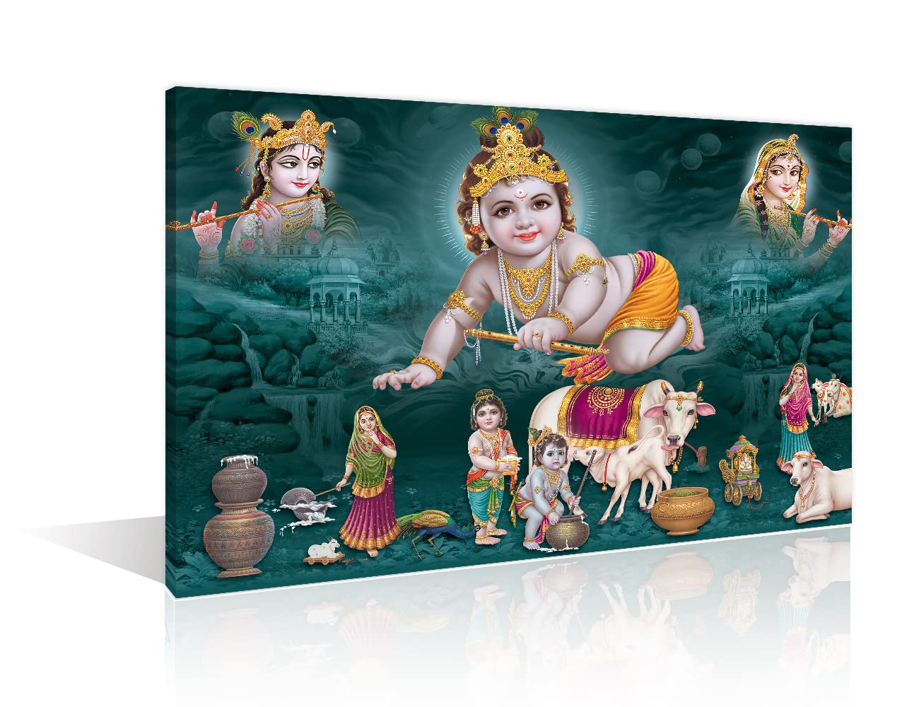 Lord Radha Krishna Canvas Paintings Wall Art God Bal Krishna Pictures Home Decor 1 Pieces Hindu God Black and White Wall Art Posters and Prints Stretched and Framed Ready to Hang (16"Wx24"H)