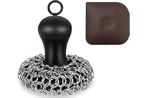 HERDA Cast Iron Cleaner Scrubber with Pan Scraper, Upgraded Chain Mail Scrubber Cast Iron Cleaning Kit, Metal Chainmail Scrubbing Sponge Scrub Brush to Clean Pan, Skillet, Grill, Dutch Oven, Wok