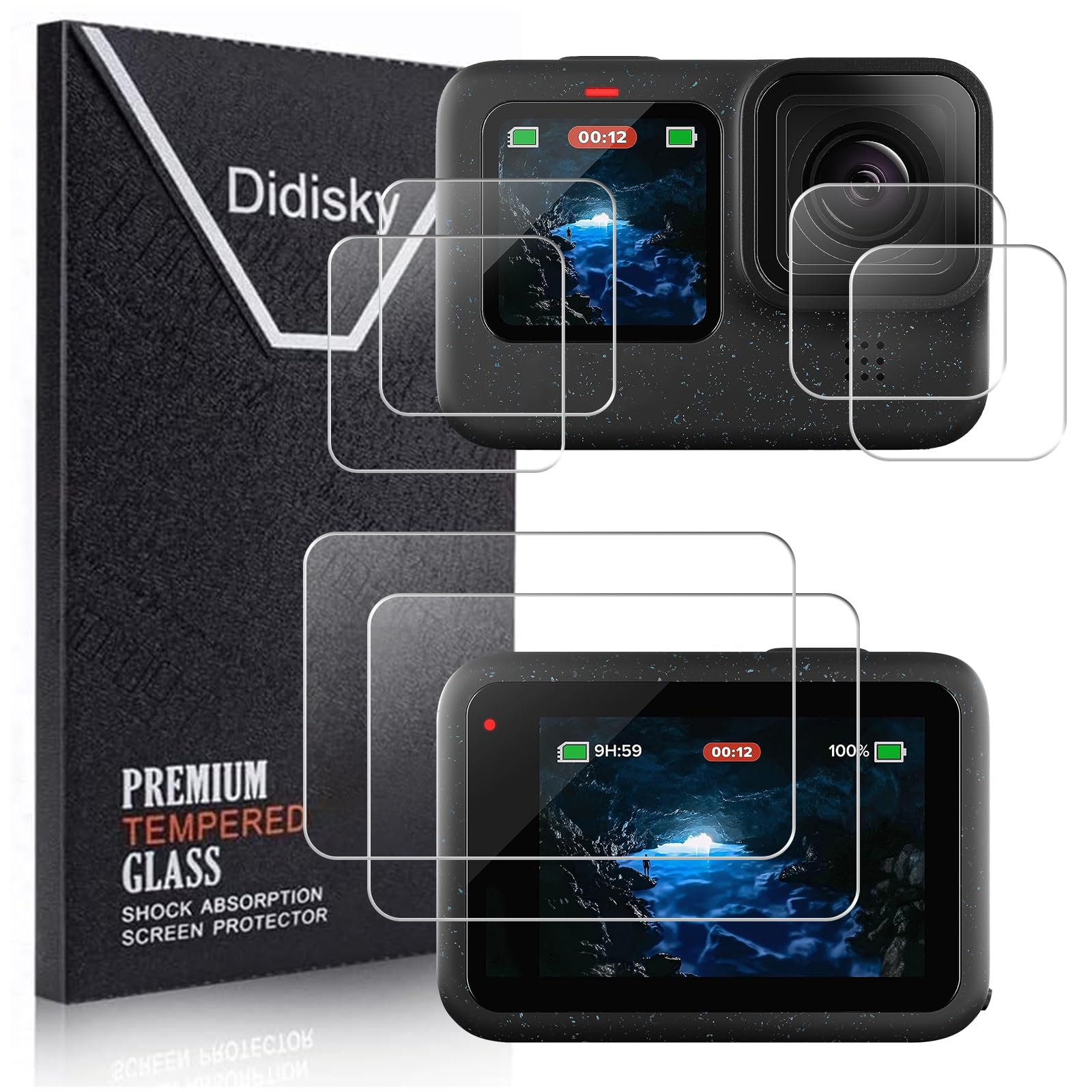 Didisky 6 Pack 0.3mm Ultra Thin 9H Hardness Tempered Glass LCD Screen Protector and Lens Protector for Go Pro Hero 12/11/10/9 Black-Total 3 Sets-Camera Accessories