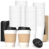 50 Pack 12 oz Disposable Coffee Cups with Lids, Sleeves, Leak-Proof To Go White Coffee Cups with Lids, Durable Paper Cups for Hot Beverage, Home, Office, Party