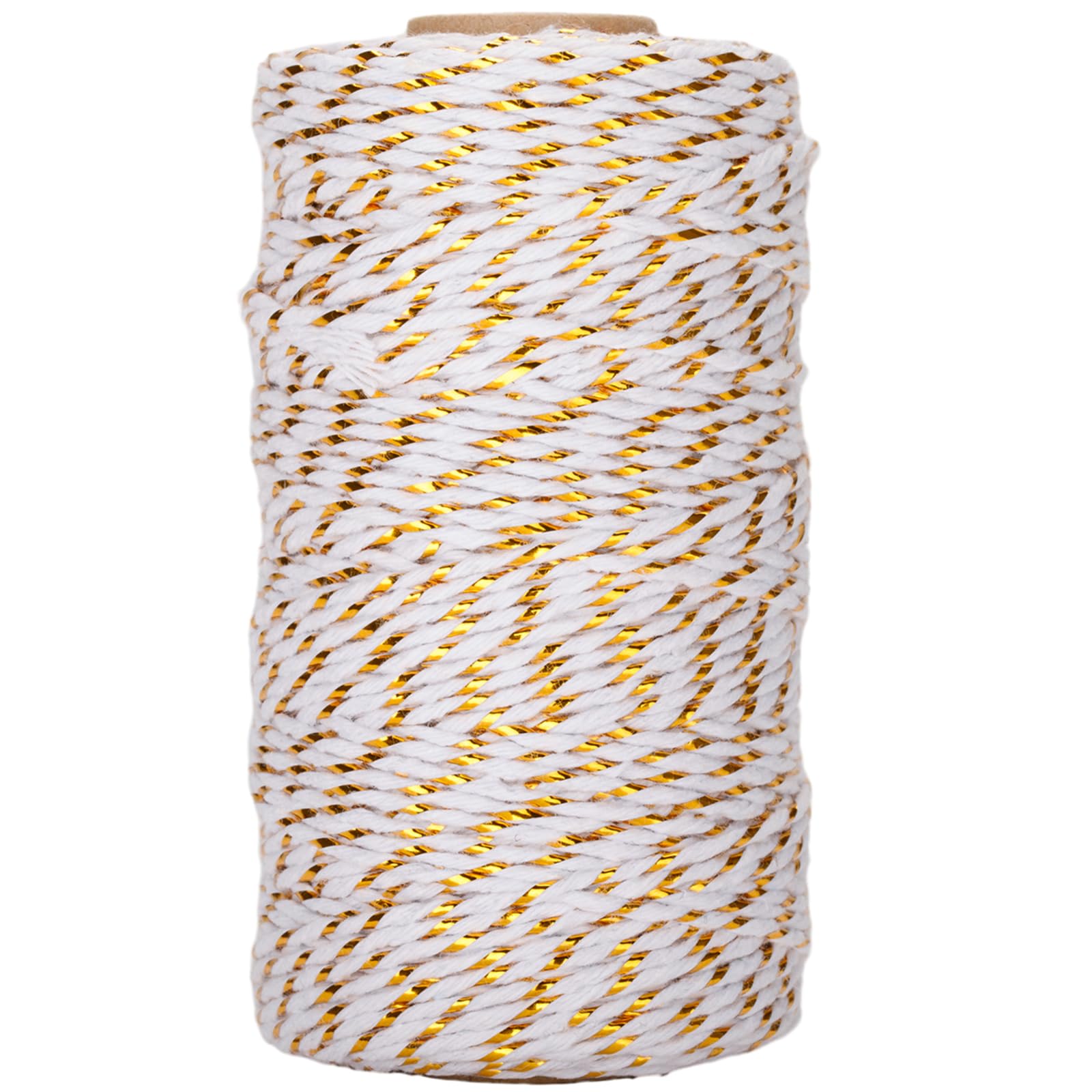 G2PLUS Christmas String - White Cotton Twine with Gold Glitter, 2MM, 100M for DIY Gift Decorations