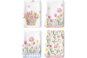 Arquiel Tulip Spring Floral Tea Towels, Lavender Summer Cotton Kitchen Towel 18.9 × 27.5 inch, Quick Drying Dish Cloth for Pa