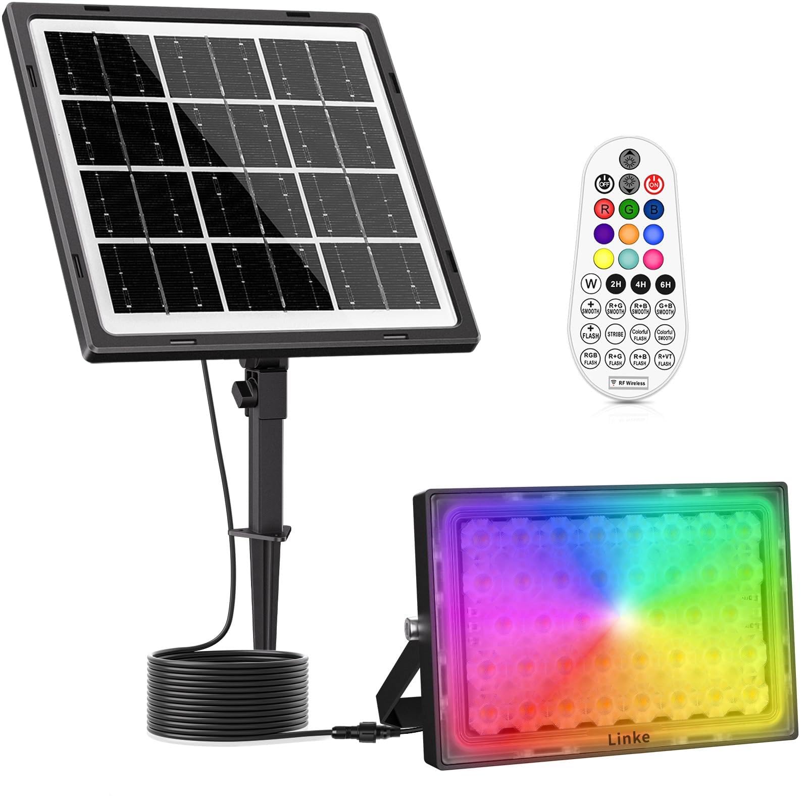 Linke Solar RGB Flood Lights Outdoor Colour Changing Solar Spot Lights with Remote Control, IP66 Waterproof Landscape Light Dusk to Dawn Floodlights for Christmas Party Garden Tree