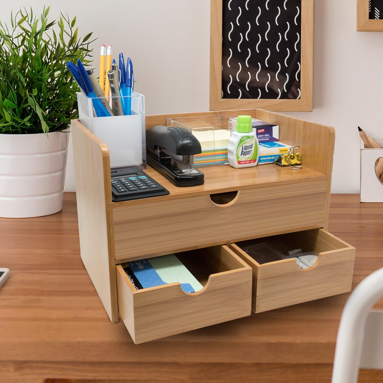 Sorbus 3Tier Bamboo Shelf Organizer for Desk with Drawers — Mini Desk