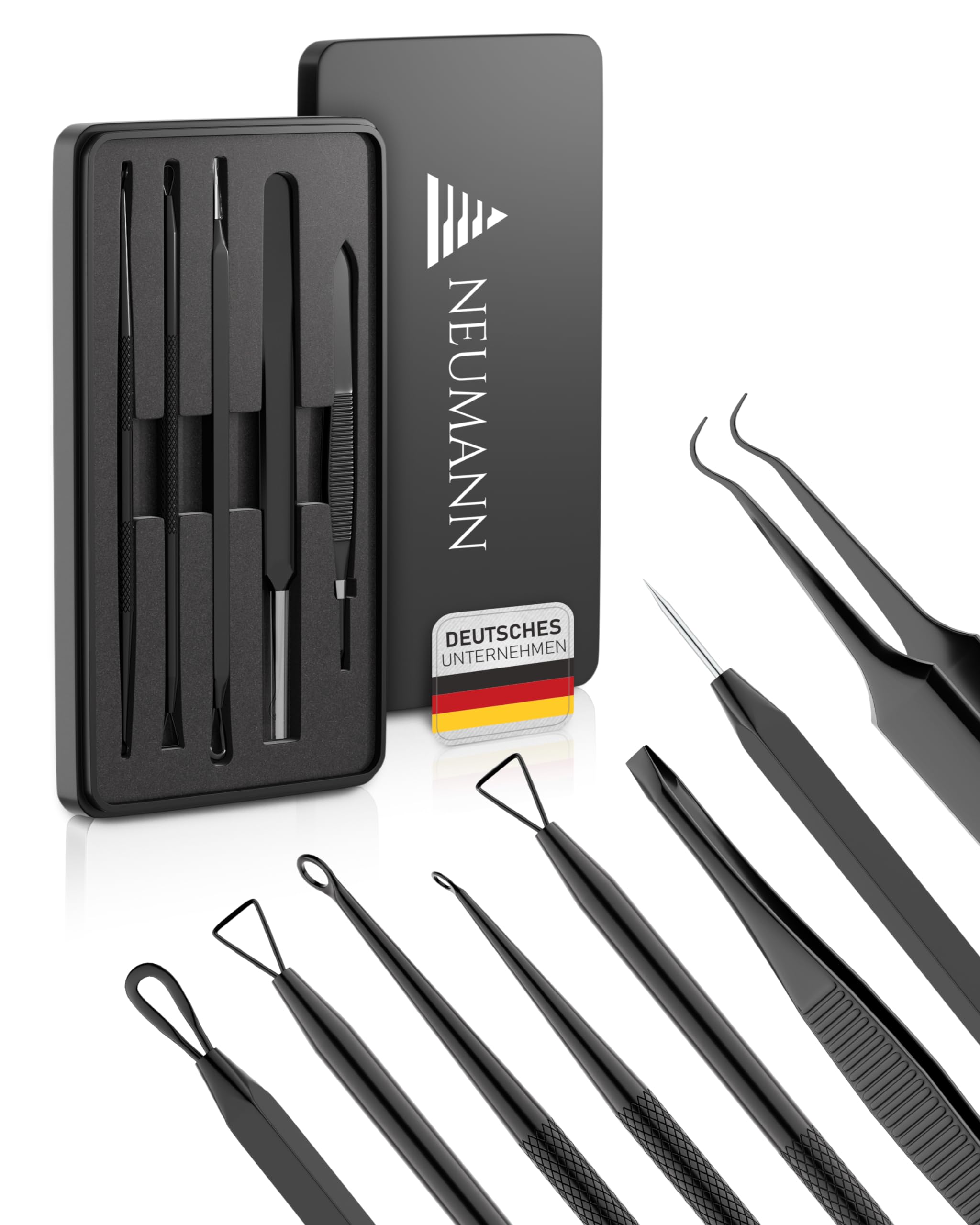 NEUMANN® Blackhead Remover Set (Stainless Steel) for Removing Pimples, Blackheads etc. - Comedone Squeezer, Lifter, Remover - Various Tools: Loops, Tweezers, Lancet [Black]