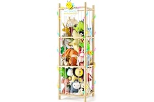 Hsenowi Stuffed Animal Storage Zoo Organizer Natural Pine Plushies Storage with Elastic Bands Vertical Wood Toy Holder Mesh Net Space Saving Design for Playroom Nursery Kids Bedroom