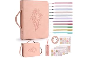 JUSTFORJOYFUL 19PCS Floral Pink Leather Bible Cover for Women Bible Cover Cases for Teen Girls Christmas Gift Christian Bags Journaling Kit with Shoulder Strap Highlighter Pens & Book Marker 10.47 * 7.48 * 2.17in