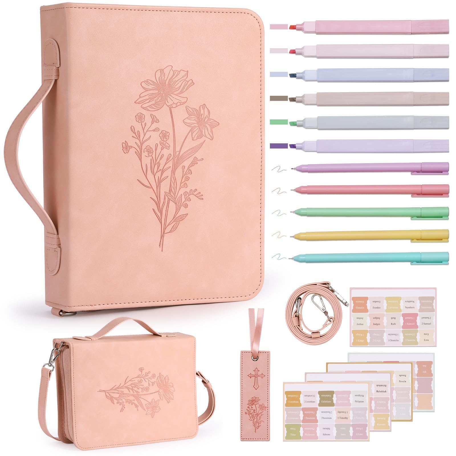 Photo 1 of 19PCS Floral Bible Cover for Women PU Leather Bible Cases Bible Journaling Kit for Girls Bible Bag with shoulder strap &Book Marker 10.47*7.48*2.17in Book Case Highlighter Pens Christian Gift Pink