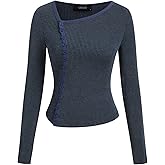 CIDER Womens Ribbed Knit Top Long Sleeve Asymmetrical Neckline Casual Blouse