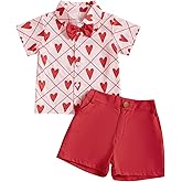 Baby Boy Valentines Clothes Short Sleeve Heart Print Button Down Shirt Bermuda Shorts Kids Gentleman Outfit