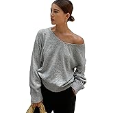 SKAYS Women's V-Neck Knitted Sweater Fashion Loose Off-The-Shoulder Solid Color Long-Sleeved Pullover