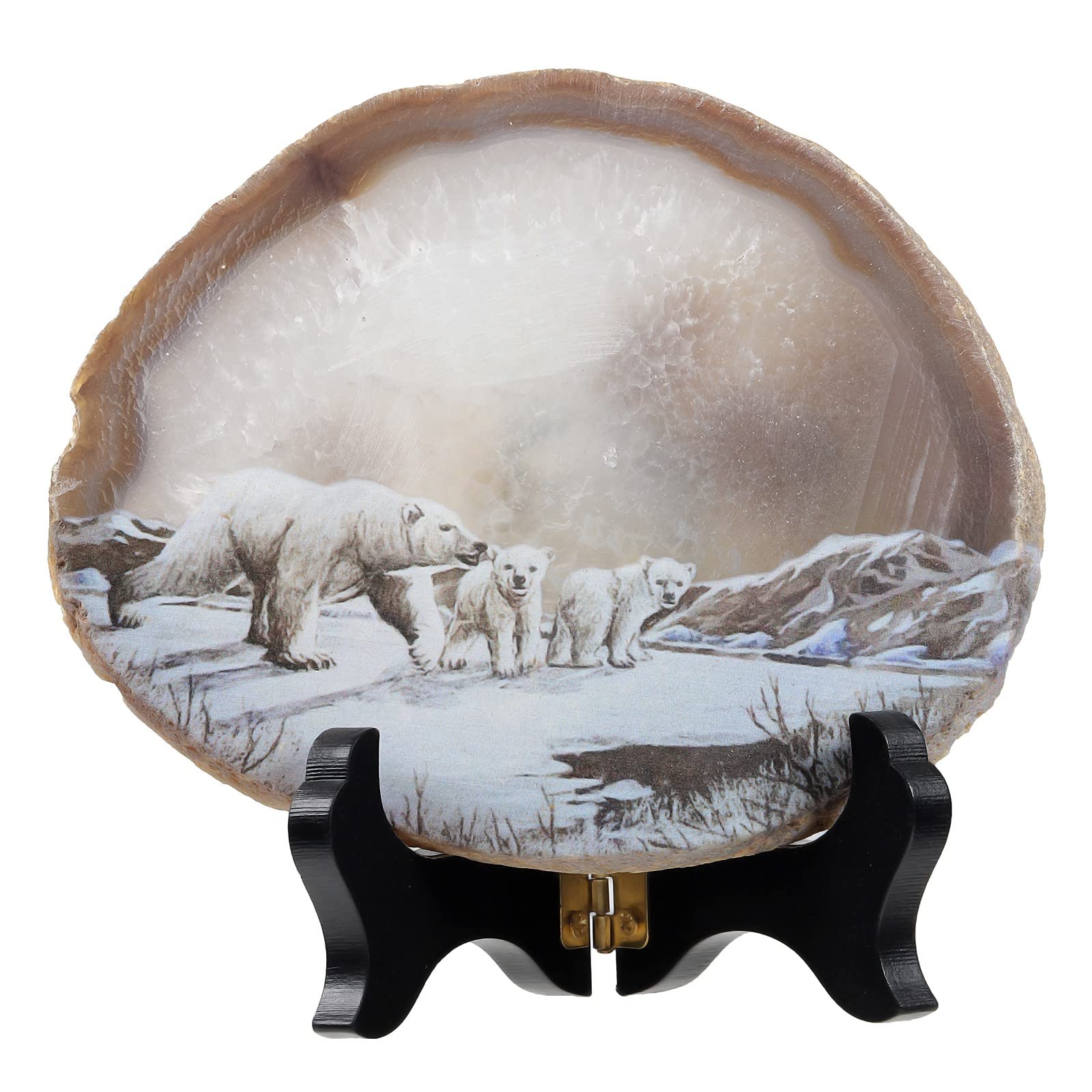 KYEYGWO Natural Irregular Agate Slice Painting Decor with Wooden Stand Agate Geode Slab for Desk Hallway, Polar Bear — image 1