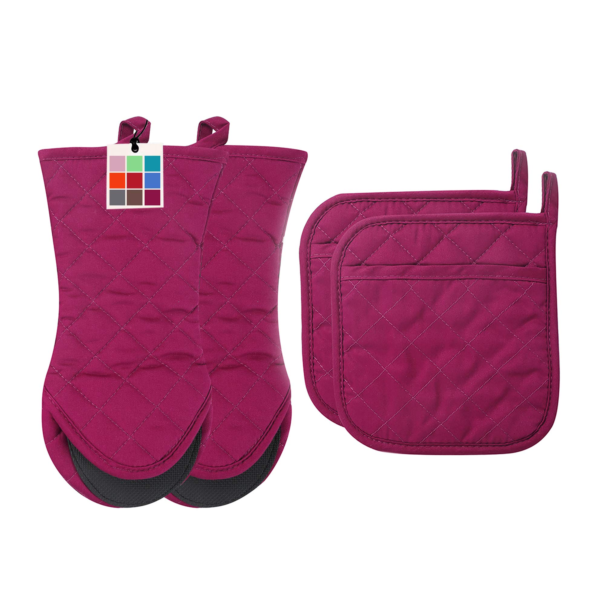 ARCLIBER Oven Mitts and Potholders,4PCS Heat Resistant Kitchen Gloves,Non-Slip Rubber Surface 2 Oven Mitts,2 Pot Holders for Cooking,Baking,Grilling,Barbecue,Purple