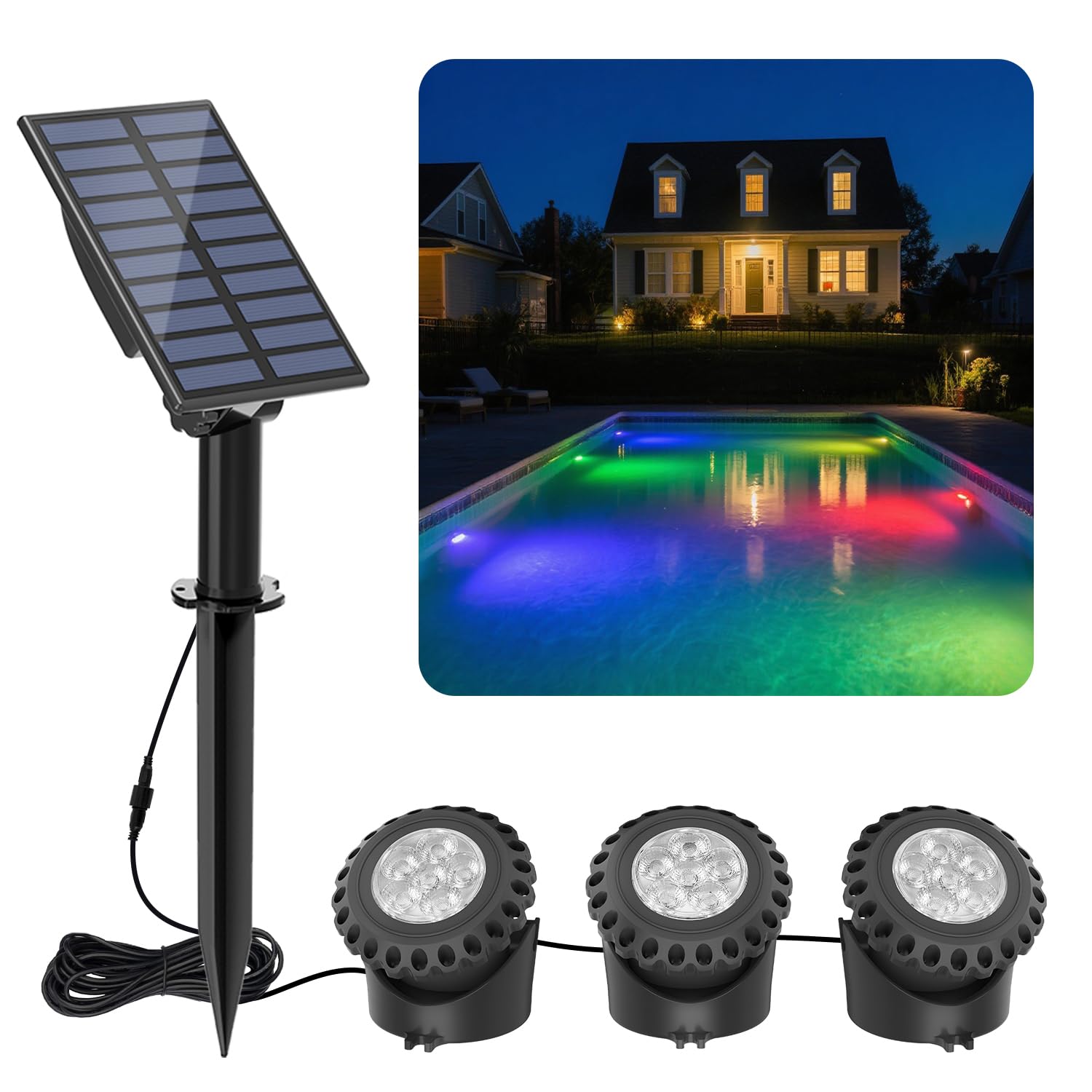 T-SUN Solar Pond Lights (Set of 3) RGB Submersible Underwater Pond Lights Color Changing with 6 LEDs Each IP68 Waterproof Landscape Spotlight for Pond Waterfall Fish Tank Garden Yard Pool Fountain