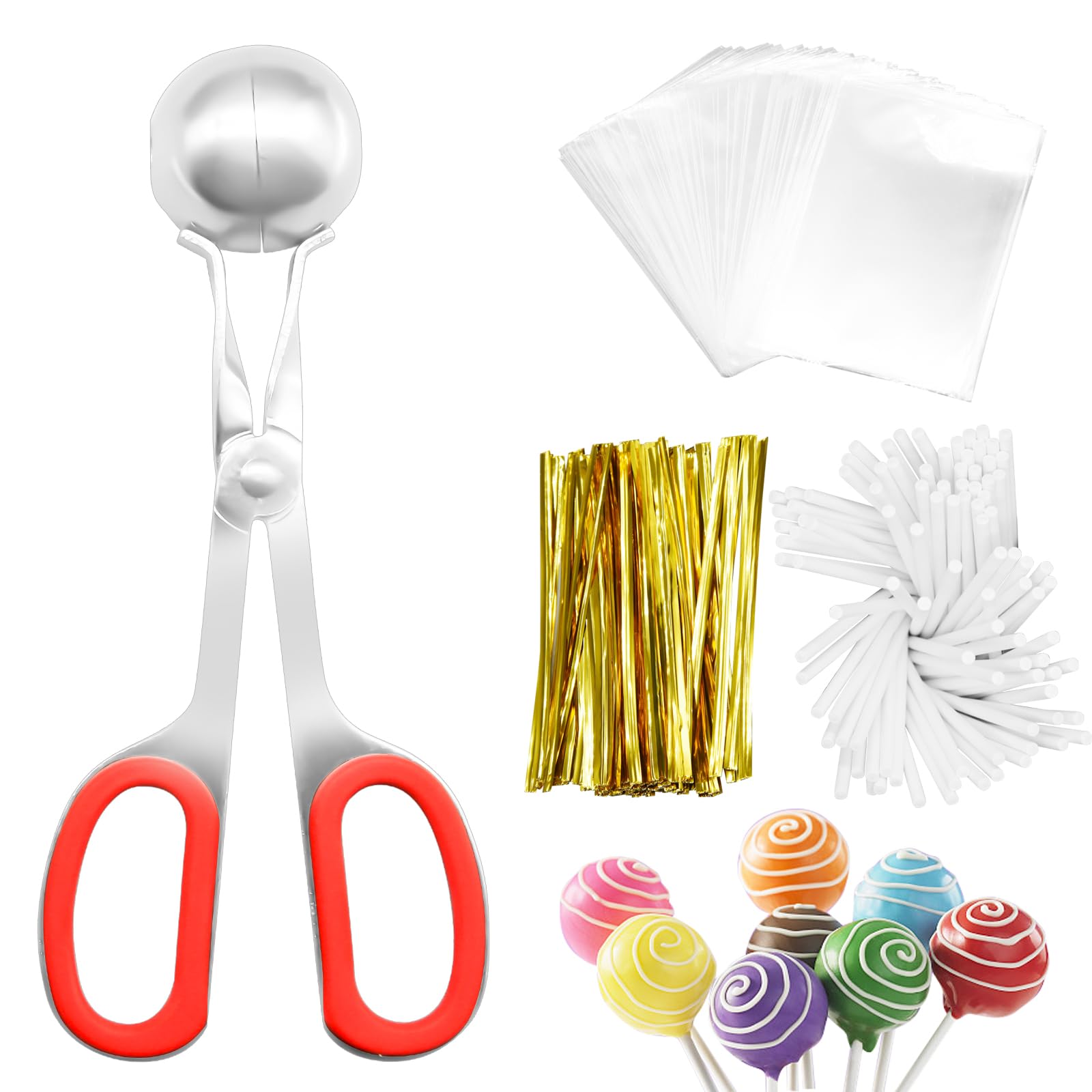 301 Pcs Cake Pop Sticks and Wrappers Kit, Including 100 Papery Lollipop Sticks & Cake Pop Bags & Gold Twist Ties 1 Cake Pop Scooper for Making Candy Lollipop Chocolates Packaging Supplies Accessories