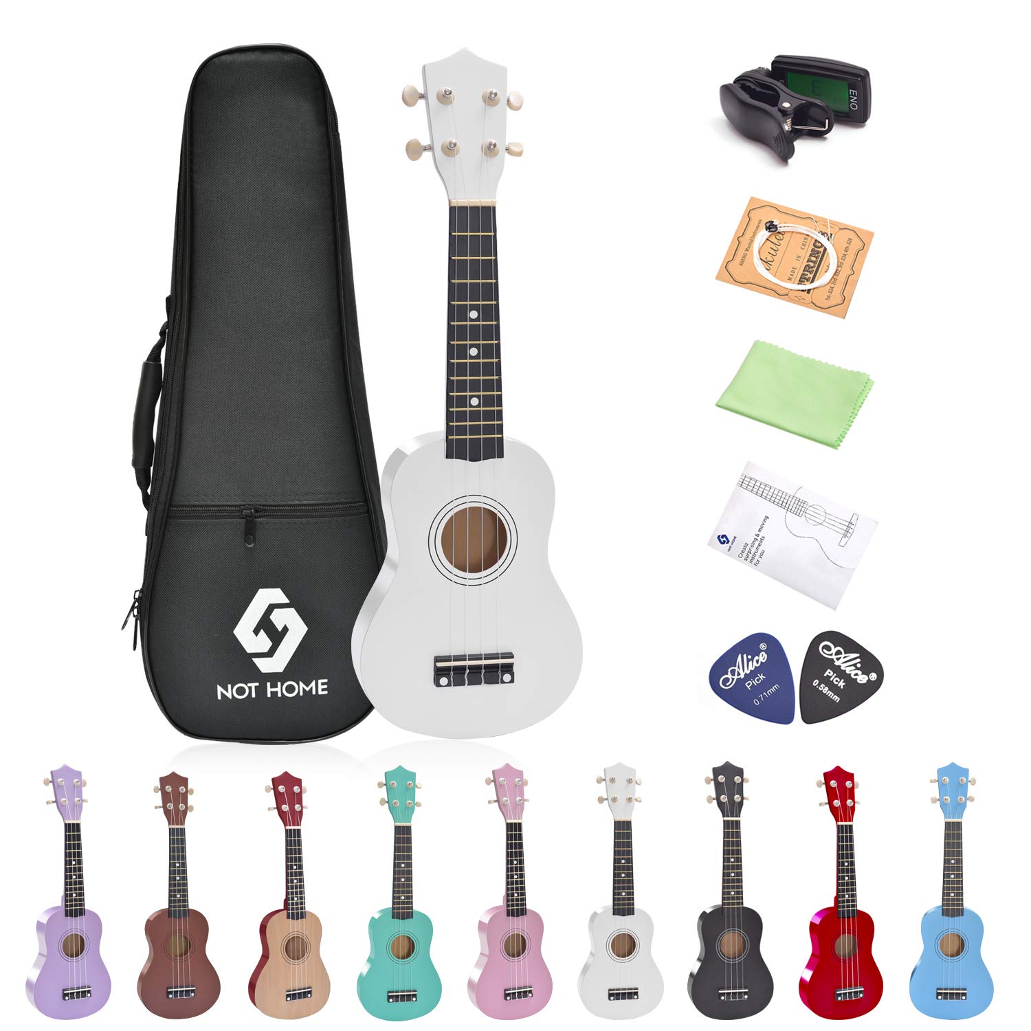 soprano ukulele beginner pack, 21 inch basswood kids ukuleles starter kit with gig bag digital tuner spare strings and picks. (white)