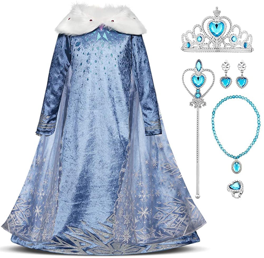 IWEMEK Girls Fancy Dress Elsa Costume Long Sleeve Snowflake Tulle Princess Dress with Cape + Accessories Kids Snow Queen Cosplay Halloween Christmas Carnival Costumes Party Outfits 01 Set 5-6 Years