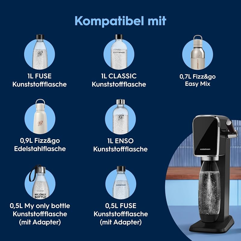 Wassersprudler ART mit CO2-Zylinder und 1x 1L spülmaschinenfeste Kunststoff-Flasche, Höhe 44cm, Schwarz, 44 cm