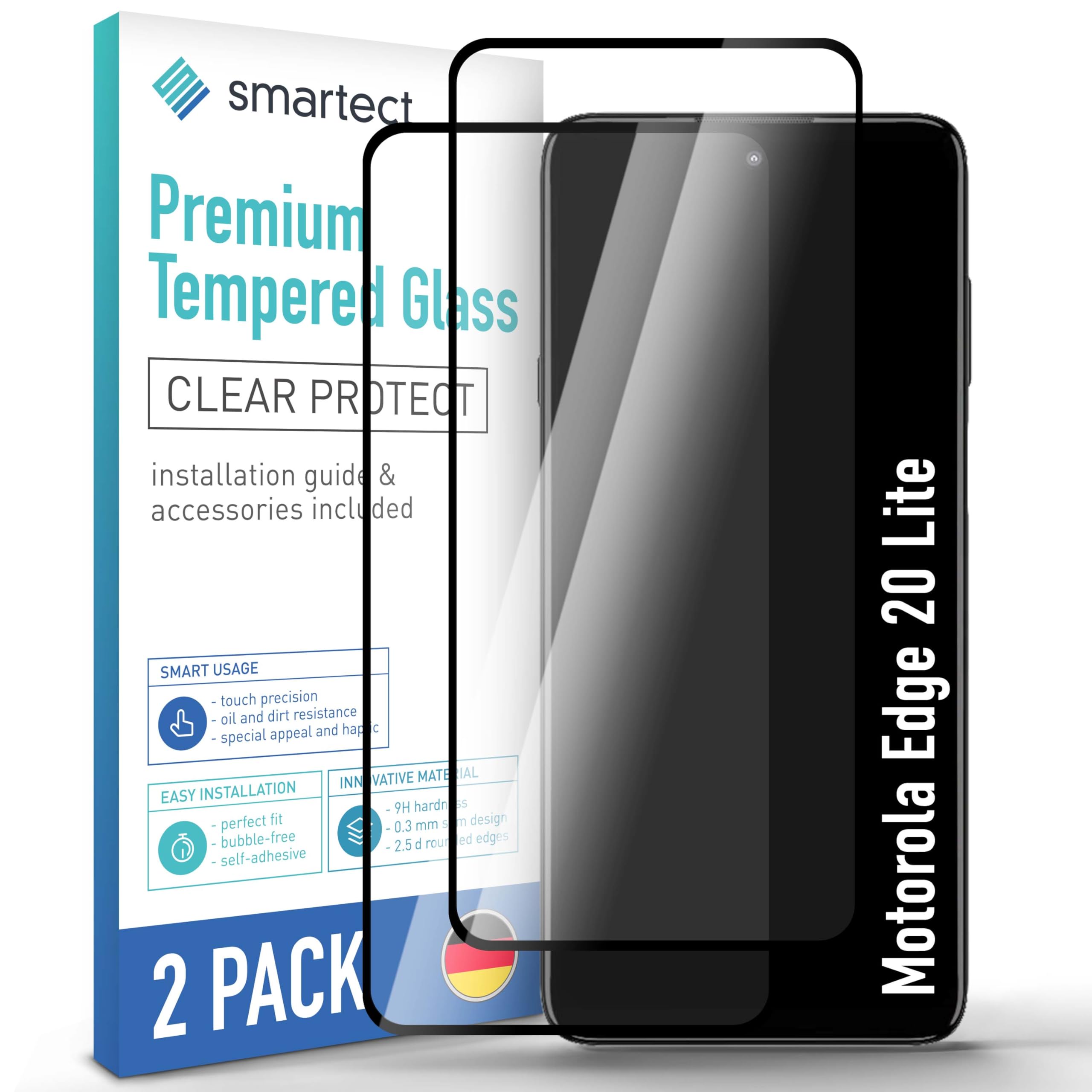 smartect Glass Screen Protector [2 Pieces, Full Screen] for Motorola Edge 20 Lite, HD Protective Film Anti Scratch, Bubble Free, 9H Hardness, Ultra Resistant