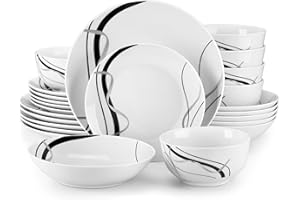 VEWEET Porcelain Dinnerware Sets for 6, 24 Pieces Plates and Bowls Set with Black and Grey Ribbon Lines, Dishes Set Dining Wa