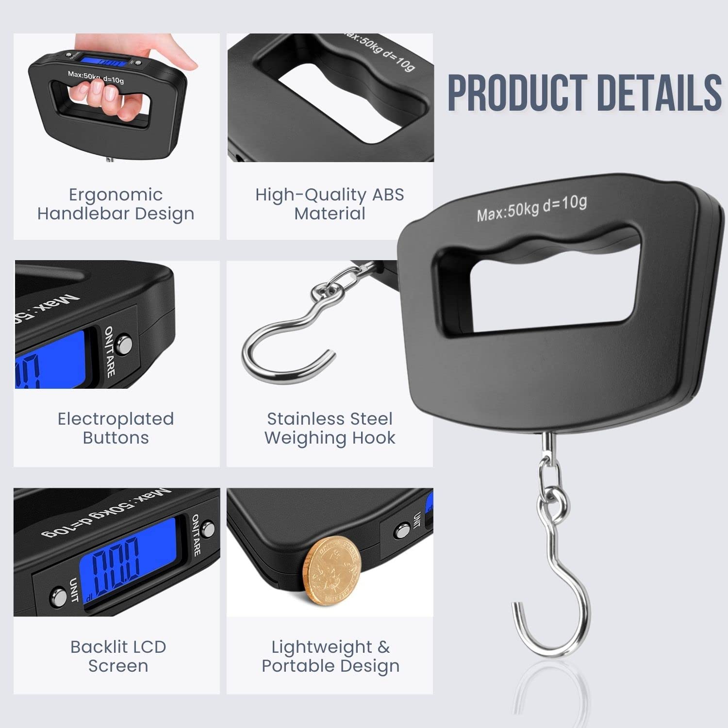 Flexzion Digital Luggage Scale, Baggage Weight Scale, 110 Lb (50 Kg) with 10g Deviation, Portable Handheld Suitcase Weight Scale with Hook for Travel, Fish Weighing, Black