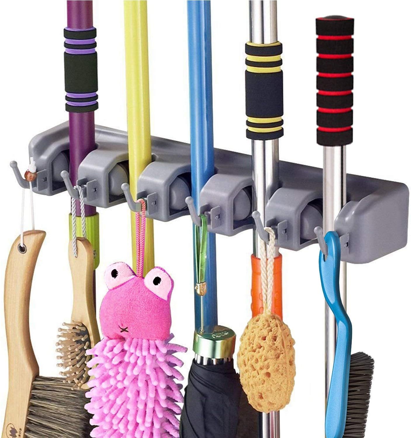 WideWings Magic Plastic Multipurpose Wall Mounted Hanging Organizer Broom Holder Stand 5 Positions with 6 Hooks (Grey)