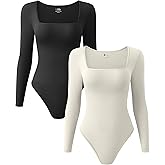 OQQ Women's 2 Piece Bodysuits Sexy Ribbed One Piece Square Neck Long Sleeve Tops