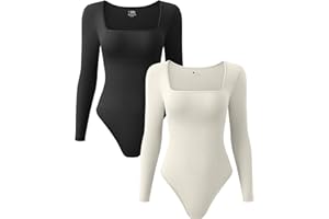 OQQ Women's 2 Piece Bodysuits Sexy Ribbed One Piece Square Neck Long Sleeve Tops