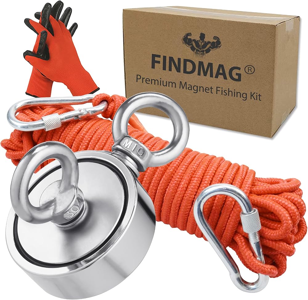 FINDMAG 1000 lb Double Sided Fishing Magnet 75mm Dia 2.95in With Rope
