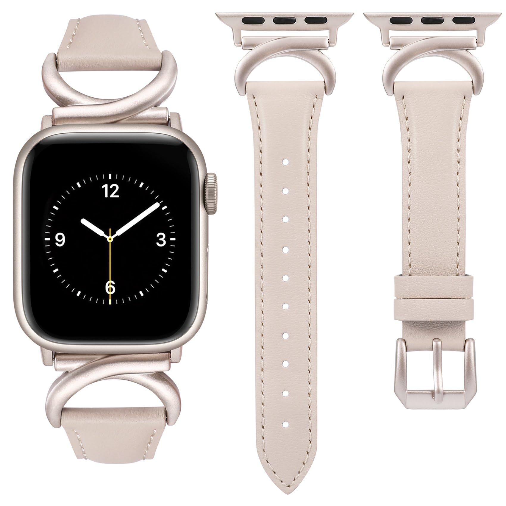 TOYOUTHS Leather Strap Compatible with Apple Watch Straps 41mm 40mm 42mm 38mm Women Slim Thin Dressy Strap with C-Shaped Metal Buckle for iWatch Series 11 10 9 8 7 6 5 4 SE 3 2 1, Starlight/Starlight