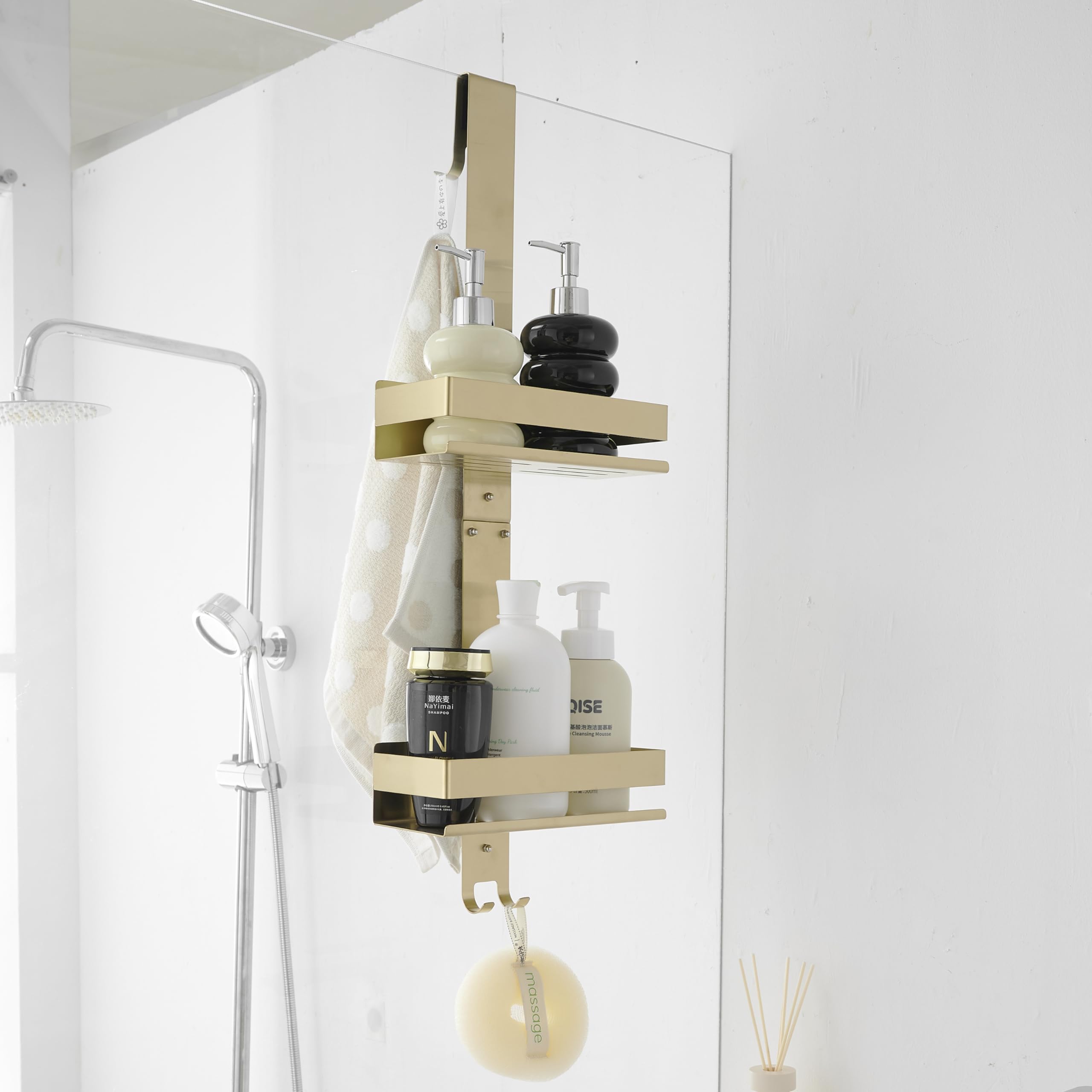 Beelee Gold Shower Caddy Hanging: Over Door Shower Organizer Bathroom Storage with 2-Tier Rack and Hooks, Holds Body Wash, Shampoo, Soap, Razor, Towel