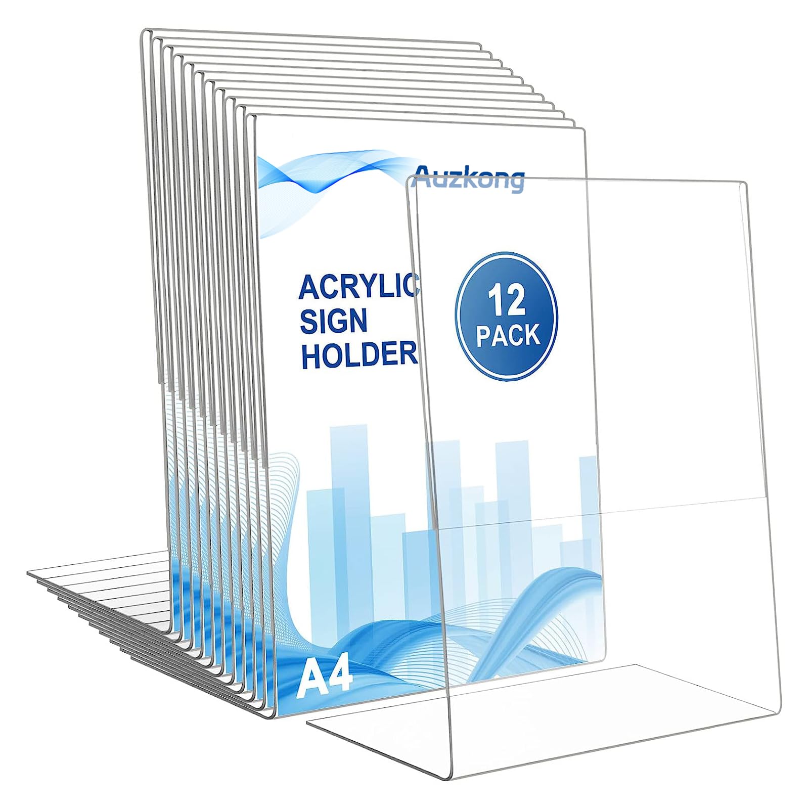 Auzkong 12 Pack A4 Sign Holders, Acrylic Slant Sign Holders, Clear Plastic Display Stand, Acrylic Paper Signs Holder Photo Frame for Restaurants Hotels Menu Stores Office (A4-12 Pack)