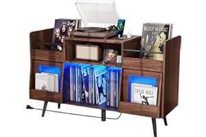 Loomie XL Record Player Stand,Turntable Stand Shelf with with Power Outlet and LED Light,Vinyl Record Storage Cabinet Up to 500 Albums, Wood Record Player Holder Table for Living Room