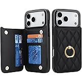 IKOLYS for iPhone 17 Pro Max 6.9" Wallet Case with Card Holder, Ring Kickstand Card Slots Leather Case with Double Magnetic Clasp Phone Cover 6.9 Inch 2025, Black