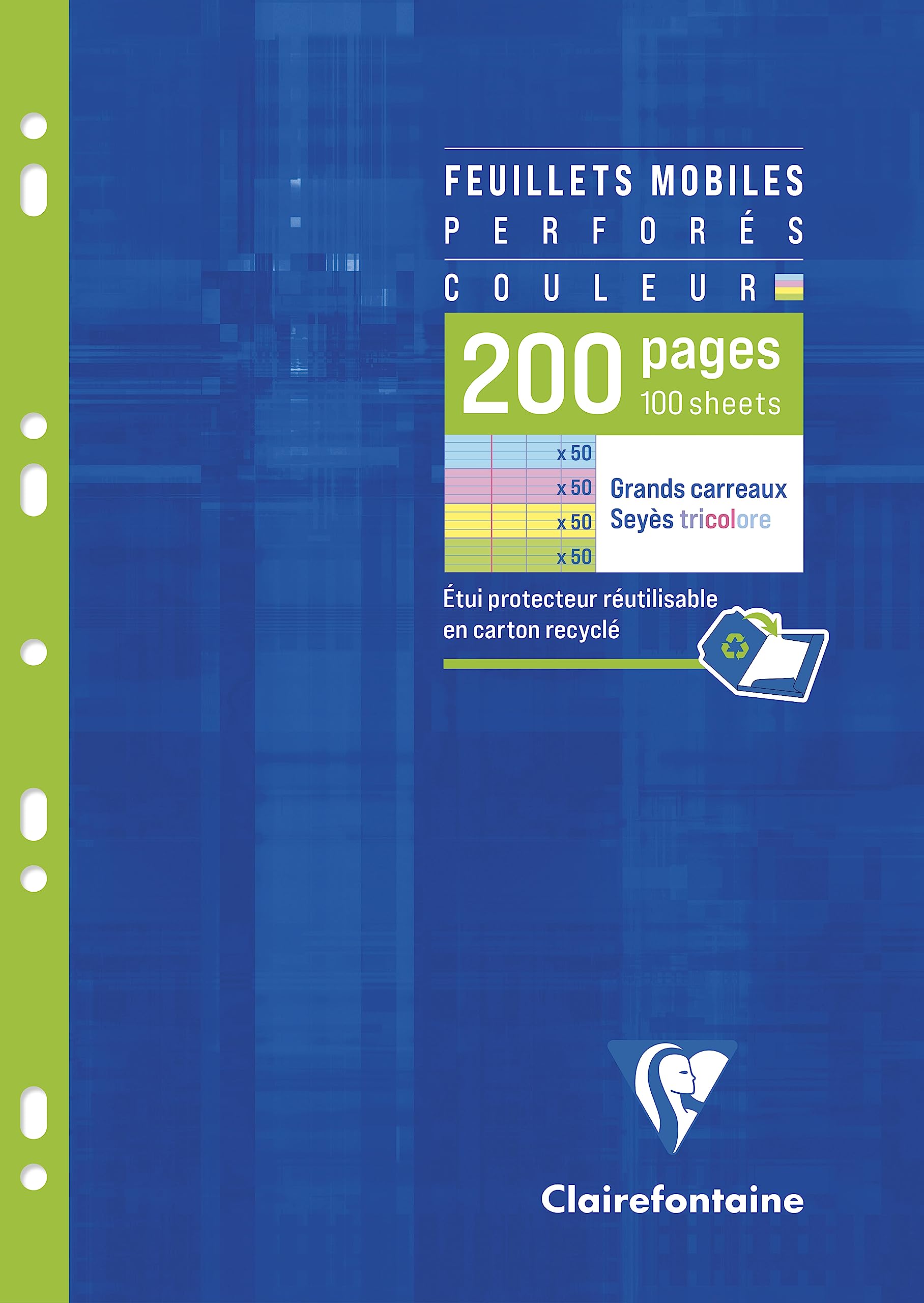 Clairefontaine 17511C 4-Colour Perforated Single Sheets - A4 21x29.7cm - 200 Seyes Ruled Pages - 90 g White Paper - Ast Colours (50 Yellow, Blue, Pink, Green)