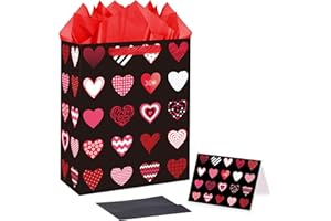 Jaywayang 12.6" Large Love Heart Gift Bags With Card and Tissue Paper for Valentine's Day Presents Warpping, Party Favor (Black)