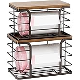 Stylstoreazy 2 Pack Storage Stackable Kitchen Laundry Pantry Organizers,Wall Mount Trash Bag Holder Dispenser with Bamboo Top Countertop Organizer,Brown