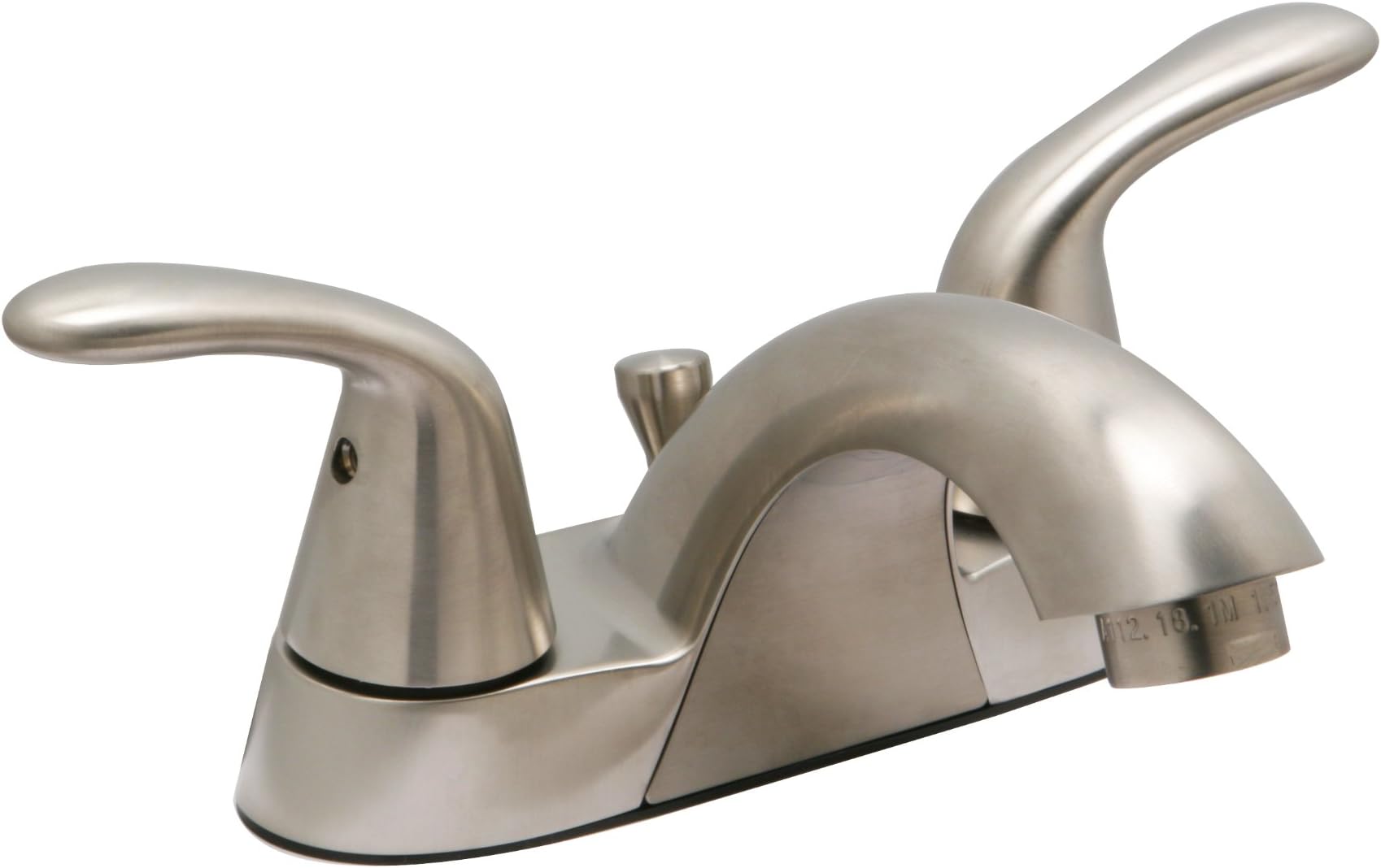 Huntington Brass 14431-72 4-Inch Center Set Two Handle Low Arc Lavatory Faucet, Bathroom Tap with Brass Pop-Up Drain Assembly, Satin Nickel