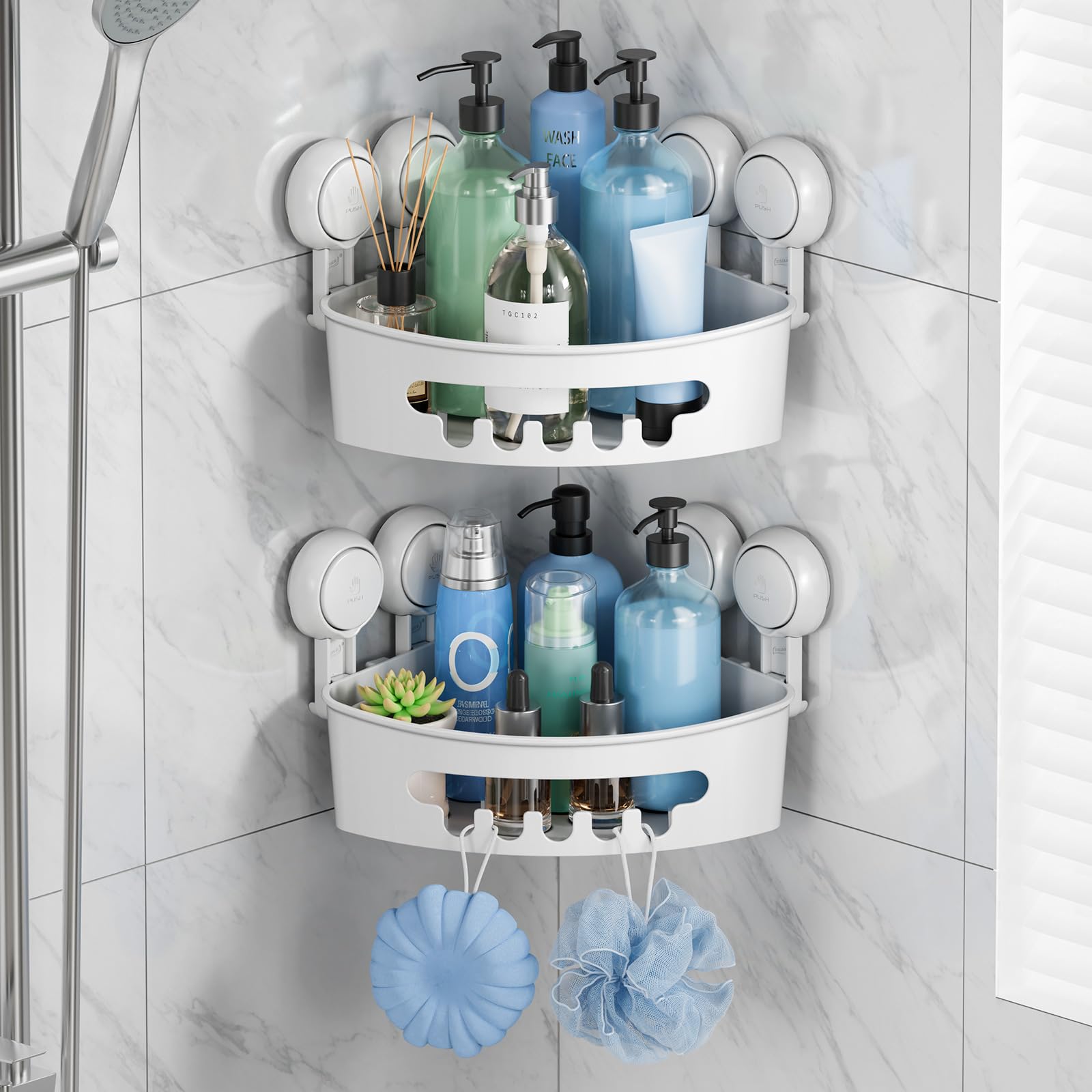 Photo 1 of TAILI Suction Corner Shower Caddy, Bathroom Shelf Storage Basket Wall Mounted Organizer for Shampoo, Conditioner, Plastic Rack for Kitchen&Bathroom, Drill-Free Removable (2 Pack)