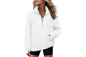 COCCKO Womens Long Sleeve Quarter Zip Pullover Quilted Sweatshirt Casual Loose V Neck Collared Thumb Hole Tops with Pockets