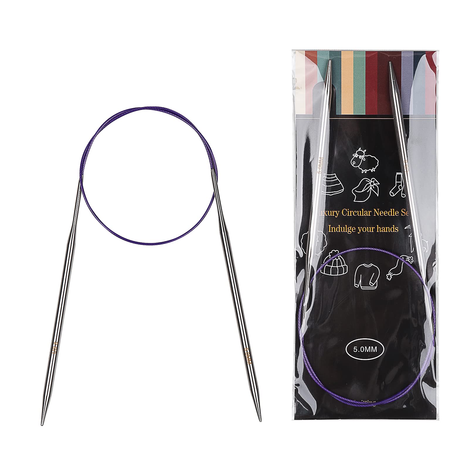 Aeelike 5mm Circular Knitting Needles 60cm, Metal Stainless Steel Round Knitting Needles with Fixed Cable for Knitting Hats, Socks and Magic Loop, Circular Needles 5mm