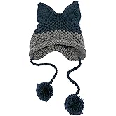 Cat Ear Beanie with Ear Flap Pompom Cute Fox Ears Hat Y2k Gothic Handmade Crochet Beanie for Women Teen Girls Snow Winter