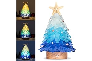 WeDoSoy Sea Glass Christmas Tree - Handcrafted Mini Christmas Tree with LED Lights, Blue Gradient Color, Ideal for Christmas, New Year, Coastal Holiday Decor, Versatile Home Decor