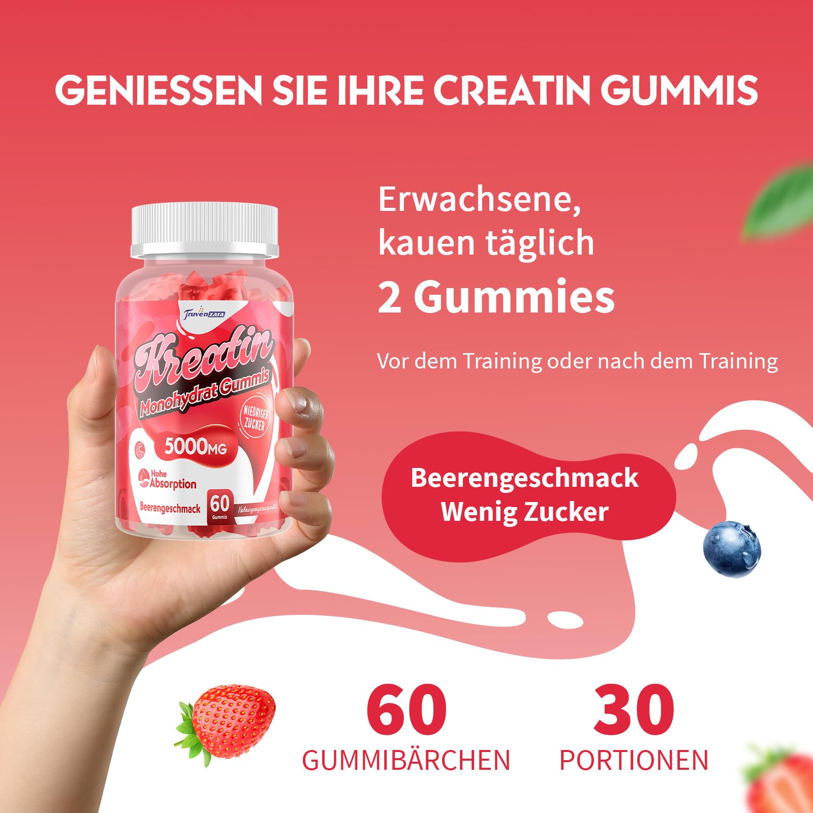 Truvenzara Kreatin-Gummies Komplex 5000mg pro Portion, 5-in-1-Formel mit Taurin & Vitamin B6, Kaubares Creatin-Monohydrat für Männer und Frauen, Beerengeschmack, Vegan (60 Stück (1er Pack)) 5