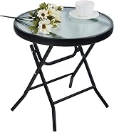 PHI VILLA Folding Side Table, Round Patio Table, Tempered Glass Top