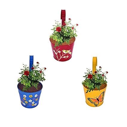 Pepper Agro 7 inch Round Metal Hanging Planter | Flower Design Ralling Planter Set of 3