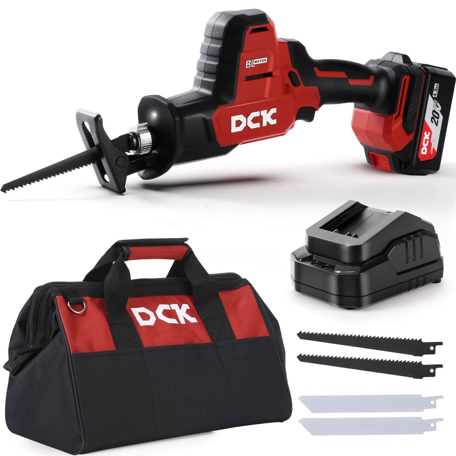 DCK Brushless Reciprocating Saw, 20V MAX Cordless Reciprocating Saw, 0-3000 SPM Variable Speeds, with 4.0Ah Battery & 2A Charger, LED Light, One Hand Saw Kit, 4 Blades Saw for Wood/Metal/PVC